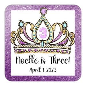 personalized birthday party favor stickers, custom labels with tiara, all ages available, pack of 24 or 60, 2.5 inch square peel and stick