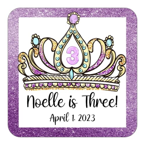 Personalized Birthday Party Favor Stickers, Custom Labels with Tiara, All Ages Available, Pack of 24 or 60, 2.5 Inch Square Peel and Stick