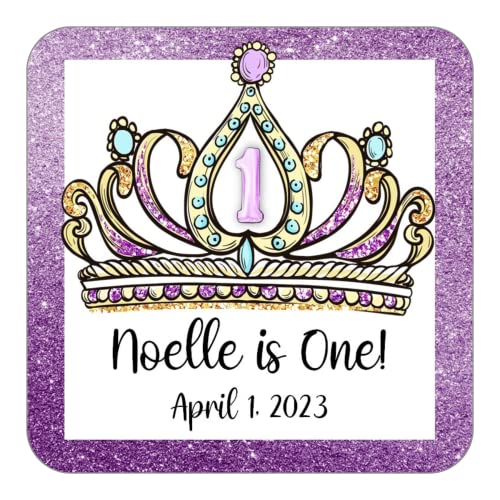 Personalized Birthday Party Favor Stickers, Custom Labels with Tiara, All Ages Available, Pack of 24 or 60, 2.5 Inch Square Peel and Stick