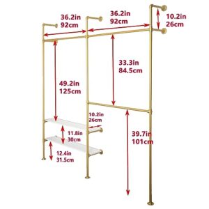 OUBITO Industrial Pipe Clothing Rack,Commercial Grade Pipe Clothes Racks,Heavy Duty Wall Mounted Closet Storage Rack,Hanging Clothes Retail Display Rack Garment rack,Gold 2 Board With Crossbar