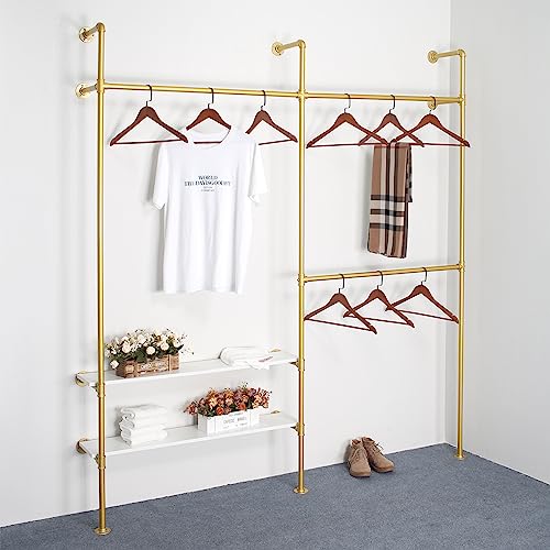 OUBITO Industrial Pipe Clothing Rack,Commercial Grade Pipe Clothes Racks,Heavy Duty Wall Mounted Closet Storage Rack,Hanging Clothes Retail Display Rack Garment rack,Gold 2 Board With Crossbar