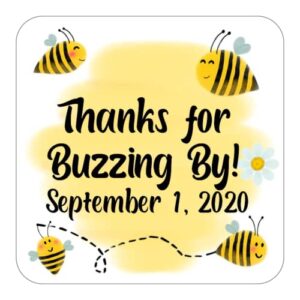 personalized bumble bee party favor stickers, custom labels for kids birthday, pack of 24 or 60, 2.5 inch square peel and stick