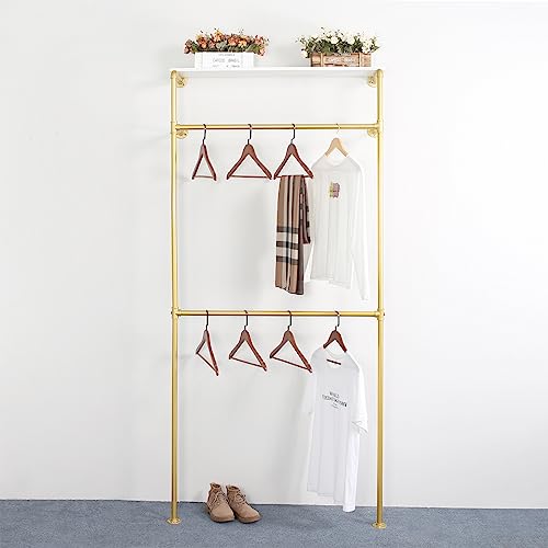 OUBITO Industrial Pipe Clothing Rack,Commercial Grade Pipe Clothes Racks,Heavy Duty Wall Mounted Closet Storage Rack,Hanging Clothes Retail Display Rack Garment rack,Gold 1 Board With Crossbar