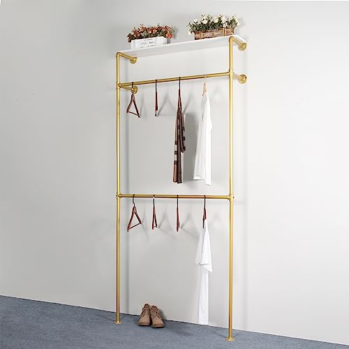 OUBITO Industrial Pipe Clothing Rack,Commercial Grade Pipe Clothes Racks,Heavy Duty Wall Mounted Closet Storage Rack,Hanging Clothes Retail Display Rack Garment rack,Gold 1 Board With Crossbar