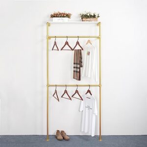 OUBITO Industrial Pipe Clothing Rack,Commercial Grade Pipe Clothes Racks,Heavy Duty Wall Mounted Closet Storage Rack,Hanging Clothes Retail Display Rack Garment rack,Gold 1 Board With Crossbar