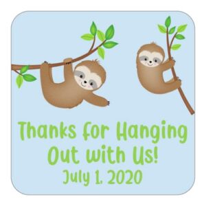 personalized sloth party favor stickers, custom labels for birthday, pack of 24 or 60, 2.5 inch square peel and stick