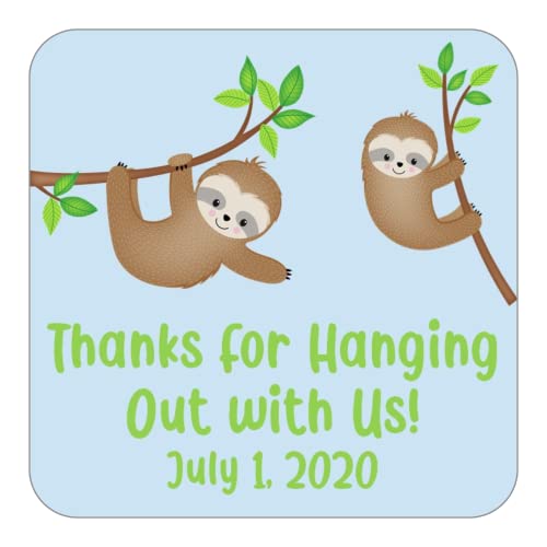 Personalized Sloth Party Favor Stickers, Custom Labels for Birthday, Pack of 24 or 60, 2.5 Inch Square Peel and Stick