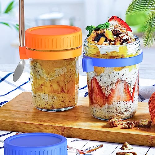 MADEHOME Set of 4 Premium Overnight Oats Containers with Lids, Mason Jars 16 oz with lids, Glass Meal Prep Containers, Large Mason Jars, Meal Prep Container Microwave Safe, Yogurt Containers with Lids