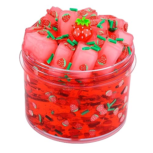 Red Jelly Cube Crunchy Slime, Super Soft Clear Slime Toy with Cute Charms, Educational Stress Relief Toy, Gift Slime Party Favors for Girls and Boys, Birthday Gifts for Kids