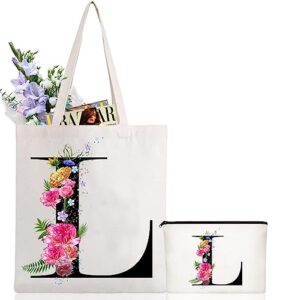 andeiltech initial canvas tote bag floral letter personalized makeup bag monogrammed gift for bridesmaids birthday wedding