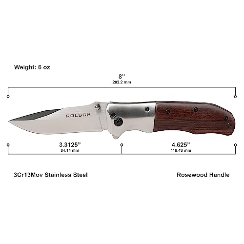 Rolsch - Wood handled Pocket Knife - Spring Assisted Folding Knife – Stainless Steel Blade and Rosewood Handle with Pocket Clip - Great Folding Knife for Hunting, Camping, Survival, Tactical, EDC