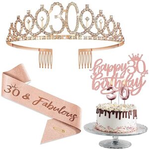 SINTENILL 30th Birthday Decorations for Women, Including 30th Birthday Crown/Tiara, Sash, Cake Topper and Candles, 30 Anniversary Party Decor 30th Birthday Gifts for women