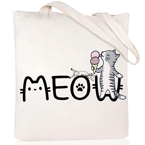 Andeiltech Canvas Tote Bag for Women Aesthetic Cute Cat Shopping Grocery Reusable Bags with Inner Zipper Women Gift