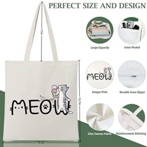 Andeiltech Canvas Tote Bag for Women Aesthetic Cute Cat Shopping Grocery Reusable Bags with Inner Zipper Women Gift