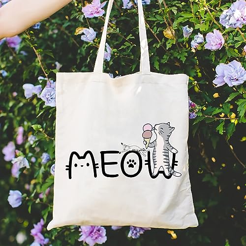Andeiltech Canvas Tote Bag for Women Aesthetic Cute Cat Shopping Grocery Reusable Bags with Inner Zipper Women Gift