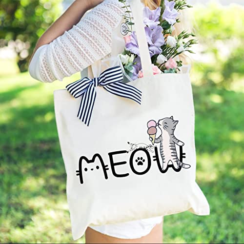 Andeiltech Canvas Tote Bag for Women Aesthetic Cute Cat Shopping Grocery Reusable Bags with Inner Zipper Women Gift