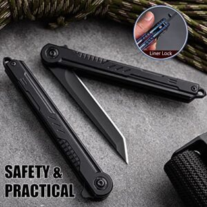 Folding Pocket Knife for Men,EDC Knife with Clip and Glass Breaker,Slim Gentleman's Knife with Tanto Blade for Outdoor Camping Hiking,Everyday Carry Portable Box and Letter Cutter(Black)