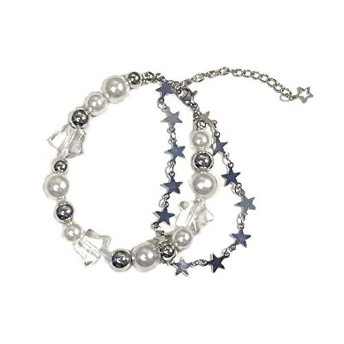 Y2K Star Pearl Beaded Chain Adjustable Aesthetic Bracelet Bracelet Chain Grunge Gift for Women Girl Jewelry Gifts Punk Gothic Link Dainty Bracelet Resin Transparent Star Cool-Set