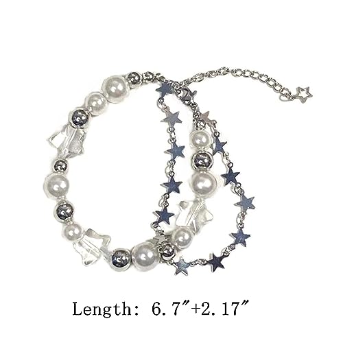 Y2K Star Pearl Beaded Chain Adjustable Aesthetic Bracelet Bracelet Chain Grunge Gift for Women Girl Jewelry Gifts Punk Gothic Link Dainty Bracelet Resin Transparent Star Cool-Set