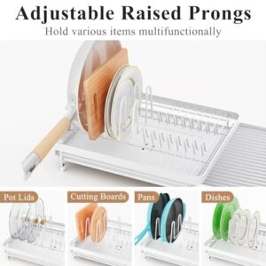 Dish Drying Rack, Auto-Drain Expandable(19.1"-26.9") Kitchen Counter Dish Drainers Rack, Stainless Steel Large Strainers Drying Rack with Drainboard Pan Holder Utensil Holder Caddy Organizer, White