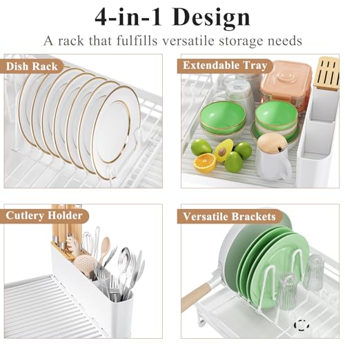 Dish Drying Rack, Auto-Drain Expandable(19.1"-26.9") Kitchen Counter Dish Drainers Rack, Stainless Steel Large Strainers Drying Rack with Drainboard Pan Holder Utensil Holder Caddy Organizer, White