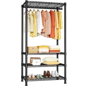 ulif h2 heavy duty clothes rack, freestanding 4 tiers garment rack for hanging clothes with shelves and hangers, closet organizers and storage metal closet wardrobe system, max load 500 lbs, black