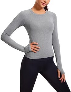 crz yoga womens seamless ribbed workout long sleeve shirts quick dry gym athletic tops breathable running shirt slate grey marl medium