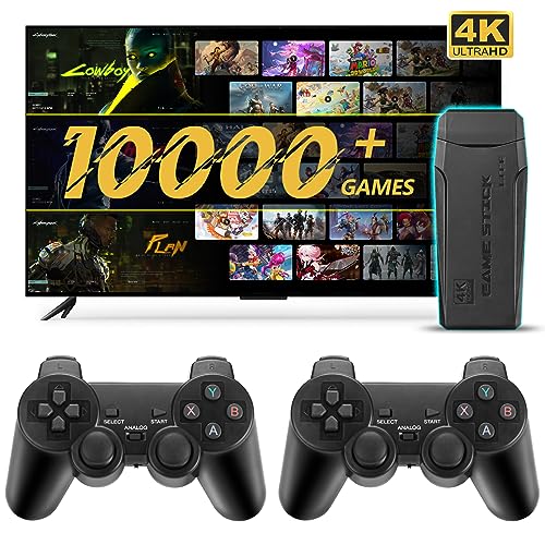 Wireless Retro Game Console, 4K HDMI Nostalgia Stick Game, Retro Game Stick Built-in 10000+ Games for 9 Classic Emulators and TV, with Dual 2.4G Wireless Controllers and 64G TF Card