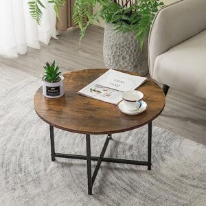 round coffee table with rustic wooden top & sturdy mental legs sofa couches table side table end table accent table for living room balcony kitchen modern design furniture 24 inches, rustic brown