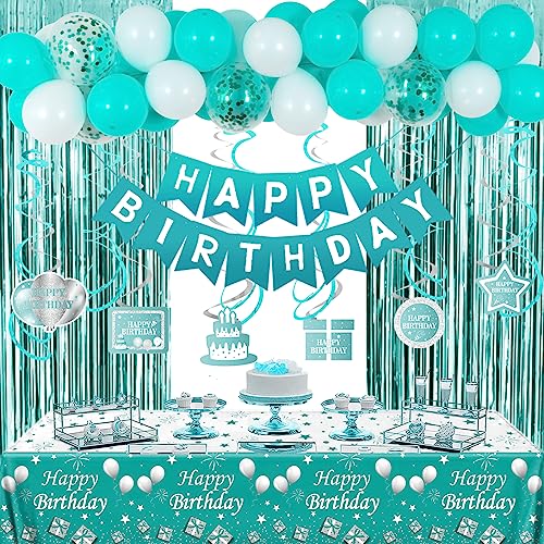 Birthday Decorations Girls Teal Happy Birthday Balloons for Women Birthday Party Decor for 10th 13th 16th 18th 20th 21st 25th 30th 35th 40th 50th 60th with Rain Curtains Tablecloth Swirl Pendants