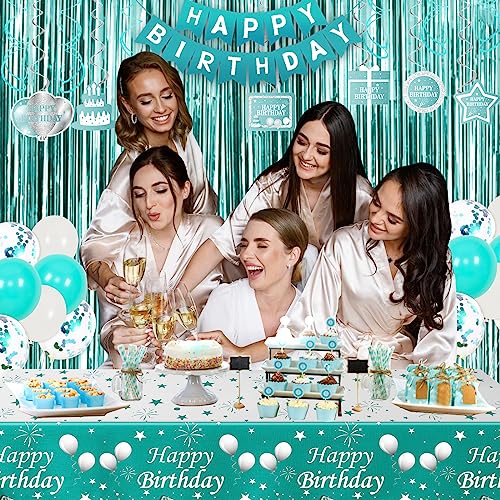 Birthday Decorations Girls Teal Happy Birthday Balloons for Women Birthday Party Decor for 10th 13th 16th 18th 20th 21st 25th 30th 35th 40th 50th 60th with Rain Curtains Tablecloth Swirl Pendants