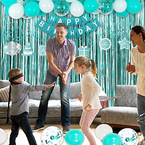 Birthday Decorations Girls Teal Happy Birthday Balloons for Women Birthday Party Decor for 10th 13th 16th 18th 20th 21st 25th 30th 35th 40th 50th 60th with Rain Curtains Tablecloth Swirl Pendants