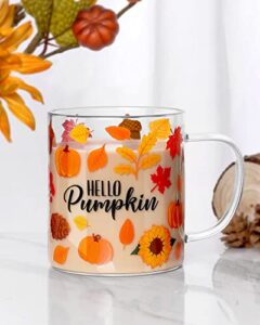 nefelibata fall pumpkin glass mug 15 oz clear cup with handle, large espresso iced coffee cup hot beverage cappuccino tea drinking glassware autumn decor for coffee bar halloween thanksgiving gift
