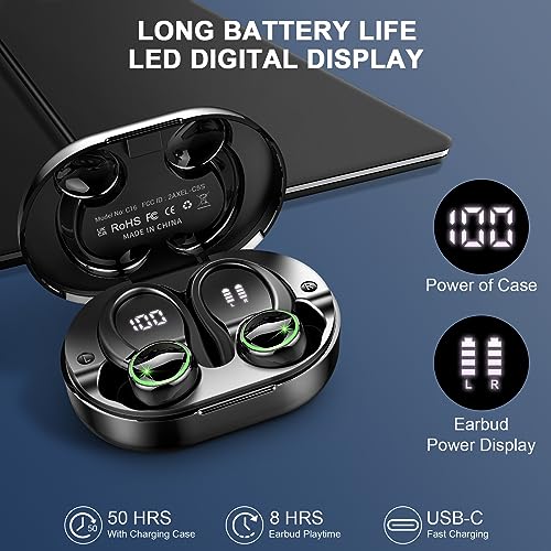 Headphones Bluetooth 5.3 Wireless Earbuds ENC Noise Cancelling Mic, Bass Stereo Over Ear buds with Earhooks, 48H Playback and Dual LED Display, IP7 Waterproof Earphones for Sports/Workouts/Gym/Gaming