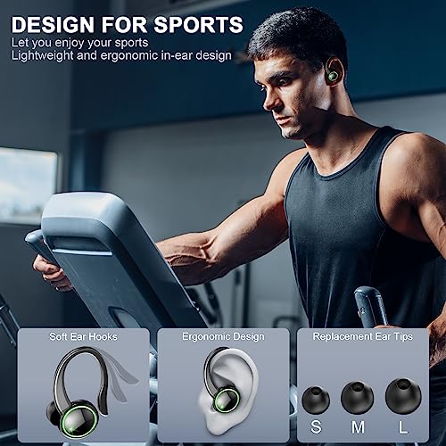 Headphones Bluetooth 5.3 Wireless Earbuds ENC Noise Cancelling Mic, Bass Stereo Over Ear buds with Earhooks, 48H Playback and Dual LED Display, IP7 Waterproof Earphones for Sports/Workouts/Gym/Gaming