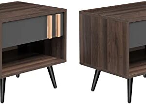 Nightstand Set of 2 with Drawer and Storage Shelf, Mid Century Modern Night Stand Walnut, 1-Drawer Small Wooden Bedside Tables with Solid Wood Legs, Wood End Side Tables for Bedroom, Living Room