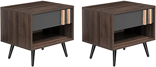 Nightstand Set of 2 with Drawer and Storage Shelf, Mid Century Modern Night Stand Walnut, 1-Drawer Small Wooden Bedside Tables with Solid Wood Legs, Wood End Side Tables for Bedroom, Living Room