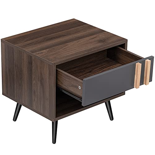 Nightstand Set of 2 with Drawer and Storage Shelf, Mid Century Modern Night Stand Walnut, 1-Drawer Small Wooden Bedside Tables with Solid Wood Legs, Wood End Side Tables for Bedroom, Living Room