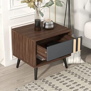 Nightstand Set of 2 with Drawer and Storage Shelf, Mid Century Modern Night Stand Walnut, 1-Drawer Small Wooden Bedside Tables with Solid Wood Legs, Wood End Side Tables for Bedroom, Living Room