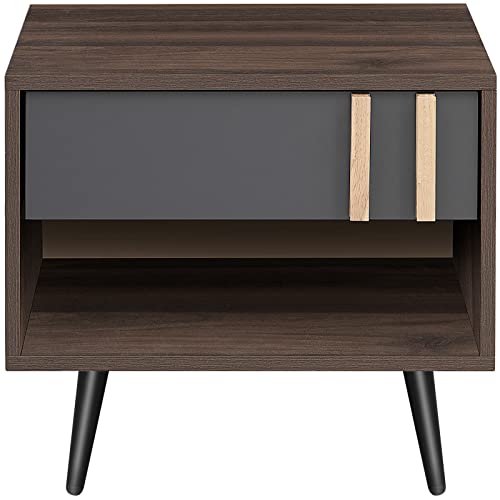 Nightstand Set of 2 with Drawer and Storage Shelf, Mid Century Modern Night Stand Walnut, 1-Drawer Small Wooden Bedside Tables with Solid Wood Legs, Wood End Side Tables for Bedroom, Living Room