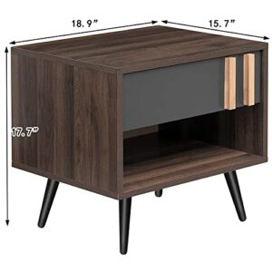 Nightstand Set of 2 with Drawer and Storage Shelf, Mid Century Modern Night Stand Walnut, 1-Drawer Small Wooden Bedside Tables with Solid Wood Legs, Wood End Side Tables for Bedroom, Living Room