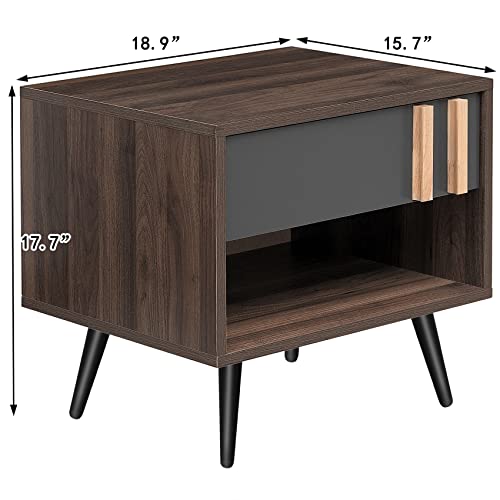 Nightstand Set of 2 with Drawer and Storage Shelf, Mid Century Modern Night Stand Walnut, 1-Drawer Small Wooden Bedside Tables with Solid Wood Legs, Wood End Side Tables for Bedroom, Living Room