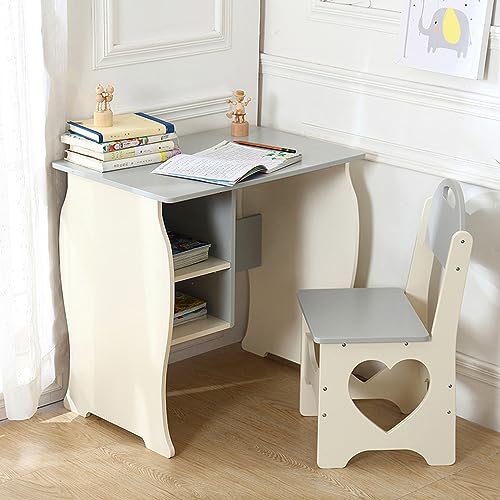 ocinone Kids Desk and Chair Set, Children Study Desk with Storage Shelf, Wooden School Study Table, Writing Table for Home School Use (Grey Beige)