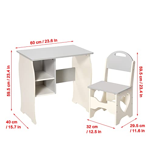 ocinone Kids Desk and Chair Set, Children Study Desk with Storage Shelf, Wooden School Study Table, Writing Table for Home School Use (Grey Beige)