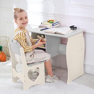 ocinone Kids Desk and Chair Set, Children Study Desk with Storage Shelf, Wooden School Study Table, Writing Table for Home School Use (Grey Beige)