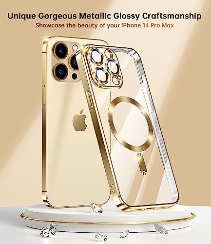 Waldeng for iPhone 14 Pro Max Case with Integrated Camera Lens Protector, [Compatible with MagSafe] [Original iPhone Exterior], Crystal Clear Case for iPhone 14 Pro Max 6.7", Gold