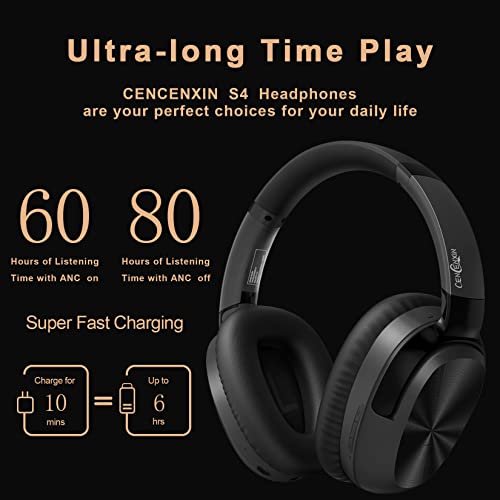 CENCENXIN-S4 Over-Ear Active Noise Cancelling Headphones Foldable Headphones Bluetooth Headphones-with Mic 80H Playtime Comfortable Earcups(Black)