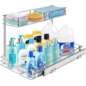 2 tier pull out cabinet organizer, 20.7" d x 12.7" w x 13.9" h, heavy duty, under sink slide out storage, sliding wire drawer base cabinet for kitchen bathroom pantry, chrome