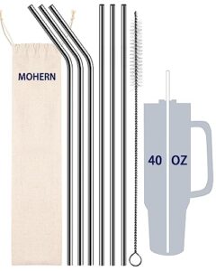stanley straw replacement 40 oz 30 oz, 6 pcs metal straws reusable, reusable straws dishwasher safe with straw cleaner(silver 12 inches)