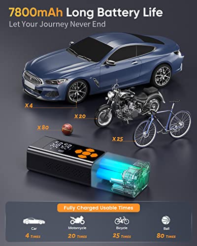 Pumteck Tire Inflator Portable Air Compressor: 150PSI Tire Pump with Dual Power Included 7800mAh Battery & 12v DC Adapter - Electric Wheel Pump with LED Digital Display for Car Motorcycle Bike Ball